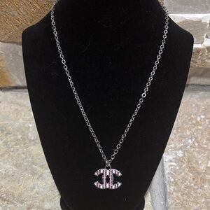 Elegant Silver and Pink CC Pendant Necklace